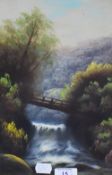 19th/20th Century, British School, oil on canvas, A woodland scene depicting a wooden bridge over