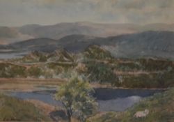 After ...Healey (20th Century), a coloured print, A hilly landscape with sheep to the foreground,