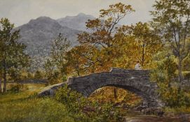 Ward Heys (19th Century, British), a watercolour, A woman contemplating on a stone arched bridge,