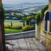 Artist Unknown (20th Century), oil painting, A garden terrace with green fields beyond, indistinctly