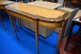 A nice quality reproduction satinwood console table having painted nasturtium detail on square