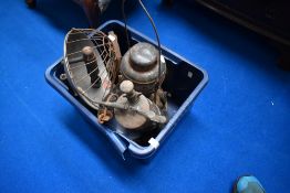 A box of vintage tilly lamps etc
