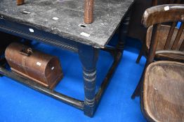 A Period oak altar or preparation table having plank top and turned frame, originally from Blackburn