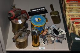 A small collection of lead farm animals, including Britains, two blow torches, a vintage rotary desk