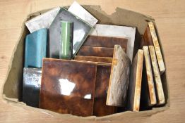 A selection of miscellaneous ceramic tiles, mainly mottled brown/ treacle glaze, marked MAWCO to
