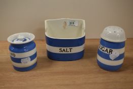 A group of T.G Green Cornish ware items, to comprise a sugar castor, a lidded mustard pot, and a