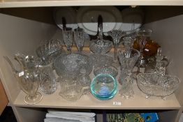 A slanted Caithness glass flower vase, plus other pressed and etched glassware