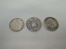 Three GB Silver Coins, 1816 George III Half Crown Bull Head, 1840 Queen Victoria Half Crown and 1902