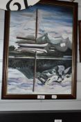 Hattie Holliday, 20th Century, oil on canvas, A yacht moored within a lake, in the style of Peter