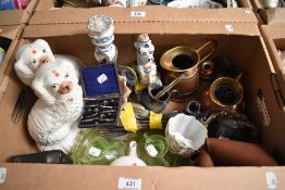 A miscellaneous selection of items including a pair of Staffordshire dogs (one AF), a dressing table