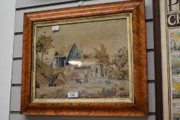 A tapestry depicting a priory/castle.