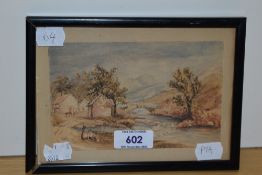 19th Century, British School, a watercolour, A rural landscape depicting farm buildings beside a