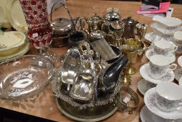 A mixed lot of flat ware, including plated items, cruet, bon bon dish, serving bowls and more.