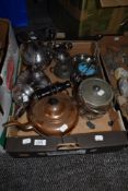 A 20th century copper kettle anda variety of plated items, including teapot, jug and glass biscuit