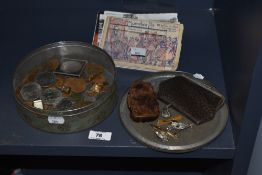 A selection of coins, postcards and costume jewellery etc