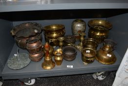 A collection of mixed vintage brass ware and similar, including planters, plant atomiser, rose