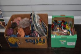 Two boxes of wool, knitting patterns and wool embroidery skeins.