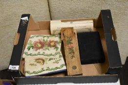 A vintage wooden pencil box, a selection of hat pins and and two late 19th/early 20th century