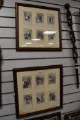 Two framed, glazed and mounted sets of vintage postcards, including 'Familiar faces of London'.