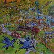 A photographic print of a birdseye view of a village, together with a collection of miniature framed