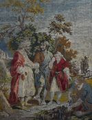 A 19th Century needlework embroidery, depicting a biblical scene with Christ, displayed within a
