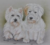 J.V. Greenhowe (20th Century), a pastel, A portrait of two West Highland White Terriers named '