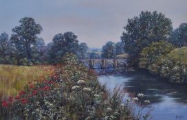 Deborah Poynton (South African b.1970), oil on canvas, rural landscape with poppies aside a river
