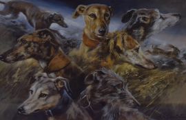 After Vic Granger (20th Century, British), coloured print, 'Those Were The Days', a greyhound study,