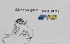 Humphrey Ocean (b.1951, British), pen and ink/ watercolour, 'Excellent Sofa Sets', signed and