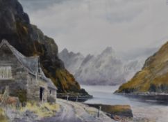 Edward Grieg Hall (1929-2017, British), watercolour, A rugged lake landscape with cottage to the