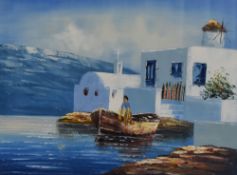 Artist Unknown (20th Century), oil on canvas, A Greek coastal scene, framed and under glass, 32cm