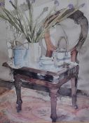 After Richard Akerman (20th Century), a pair of coloured prints, Still life displays on chairs,