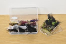 Two boxes of fishing flies containing approximately 70 flies. Mixed Fitz and mixed Lures
