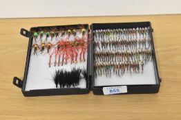 A small box of approx 120 Hand tied Bloodworm, Large Midge pupas Prince nymphs and Cormorants
