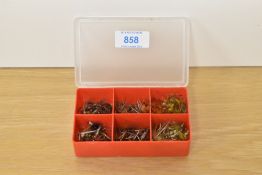 A pocket box containing approximately 90 fishing flies. Damsel nymphs and Prince nymphs