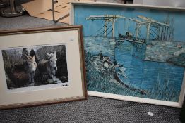 A framed David Green photographic print of Donkeys and a print of an impressionist style picture.