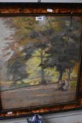 20th Century, Continental School, a pastel, A colourful park scene depicting figures sitting upon