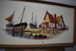 Hischel (20th Century), mixed media on board, A vintage fishing boat scene with creels to the