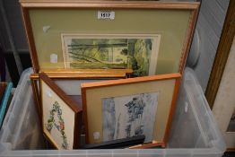 A framed print of Arncliffe Church after Dan Binns together with other prints.
