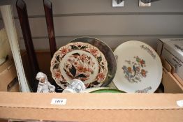 A vintage mother of pearl inlaid box, three tall art glass vases, A small selection of plates and