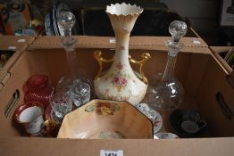 Three small Limoges items, a set of four modern coffee cans with saucers, two cut glass decanters AF
