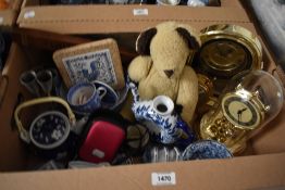 Three brass effect mantel clocks, a Canon IXUS 100 IS digital camera, a teddy bear, two Jasper