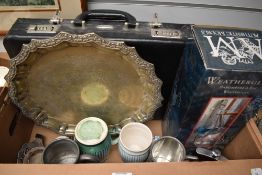 A miscellaneous selection of items including a large plated tray, two pewter tankards, a Weather