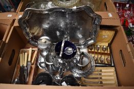 A Swan Brand Willow Ware' part tea set, a Swan chromium plated tray, a plated cake stand and