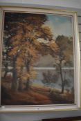 David Walsey (British 20th century)oil on canvas, autumnal woodland and river, signed, 90 x 70cm,