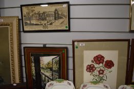A framed and mounted monochrome print of an etching illustrating the ruins of Bolton Abbey, a