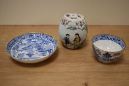 A 19th century blue and white tea bowl and shallow bowl, both having transfer pattern of pagodas and