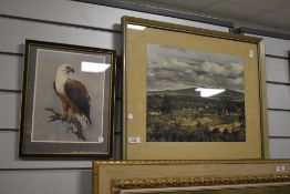 A vintage photographic print 'the Ngong hills' and a print of an African fish eagle.