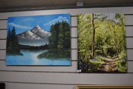 Artist Unknown (20th Century), two modern paintings on canvas of a mountain and woodland scene,