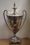 An ornate Victorian silver plated samovar, having monogram of 'JE' to front and etched details